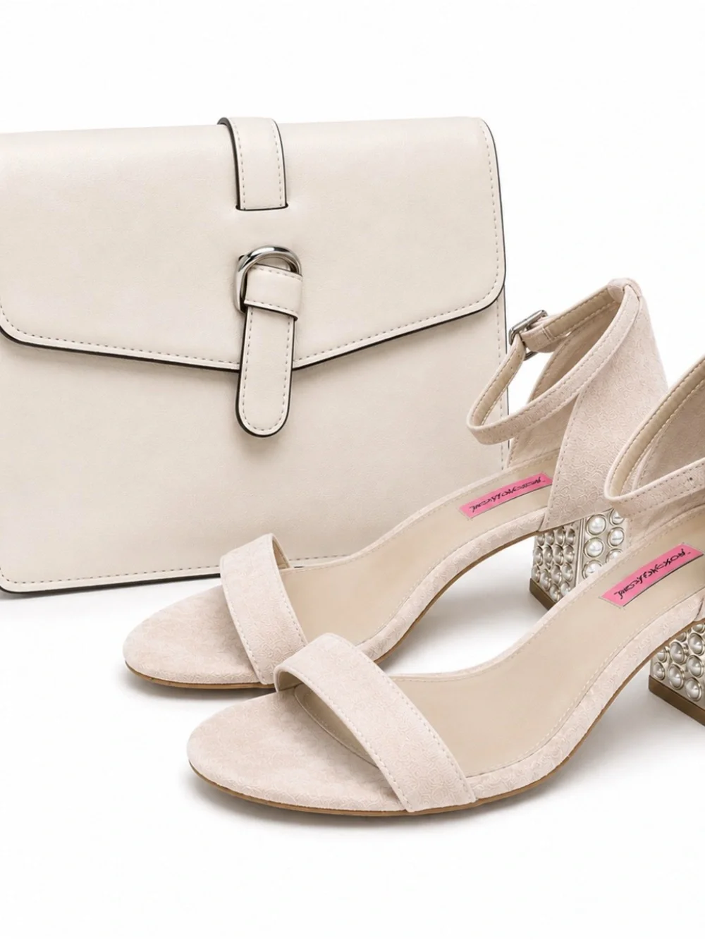Betsey Johnson Cream Suede Pearl-Embellished Block Heel Sandals